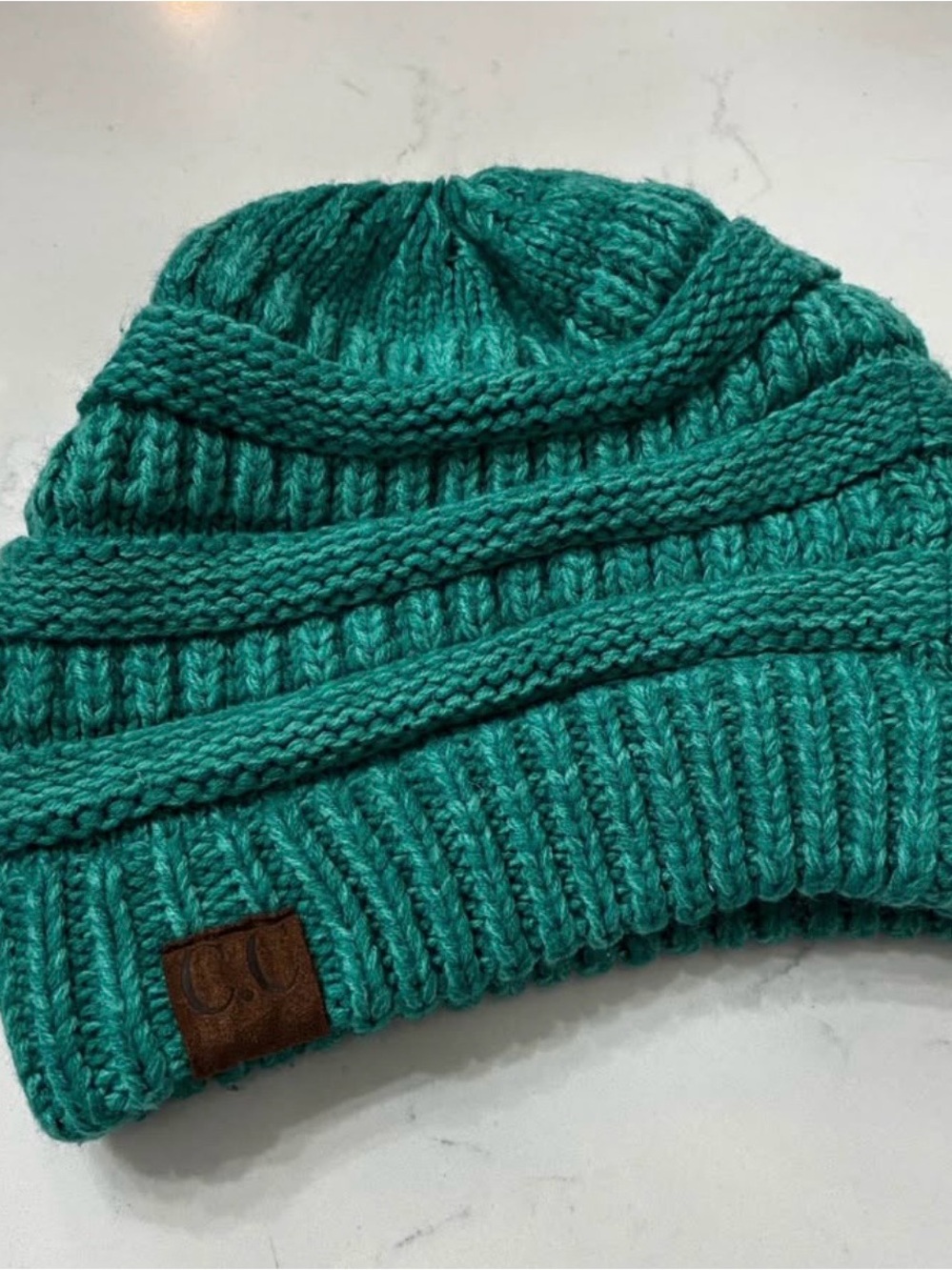 CHANEL Teal Knit Beanie with Leather Logo Patch